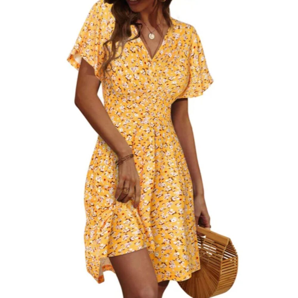 XL UVN Yellow Floral Faux Wrap Midi Dress NWT